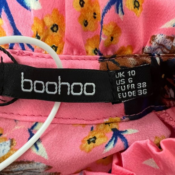 Boohoo Floral Print High Neck Ruched Midi Dress Blush Pink Satin size 10 - Picture 13 of 16